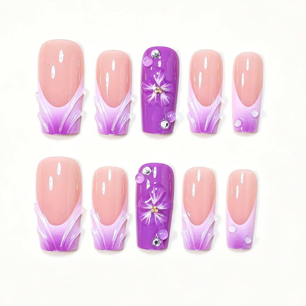 Decorative Long Press-On Nail Art Set with Floral Accents Bowlift