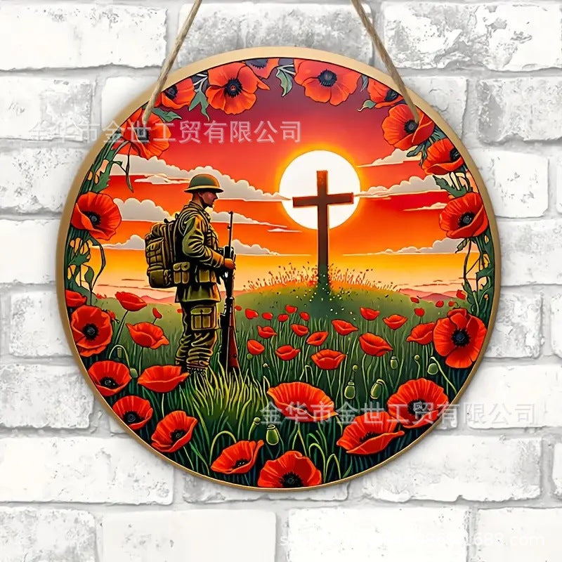 Independence Day rustic round wooden patriotic cross wall plaque with floral accents and God Bless America banner Bowlift