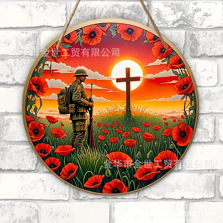 Independence Day rustic round wooden patriotic cross wall plaque with floral accents and God Bless America banner Bowlift