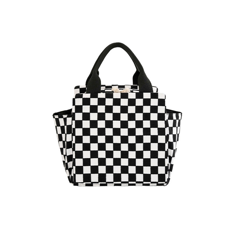 Structured Canvas Checkerboard Tote with External Side Pockets Bowlift