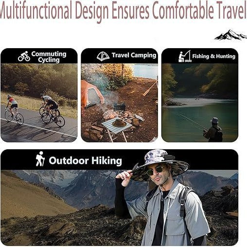 Outdoor sun hat with wide brim, integrated ventilation, UV protection, and chin strap Bowlift