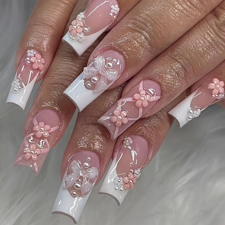 Acrylic nail set with elegant 3D flowers and ribbon decorations Bowlift