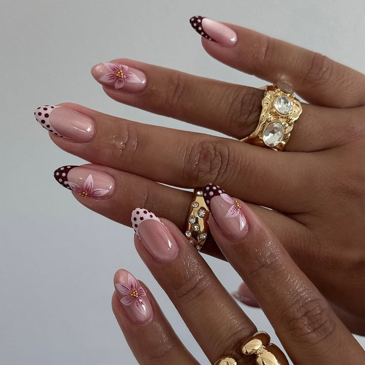 Artful Nail Extensions with Flower and Dot Design Bowlift