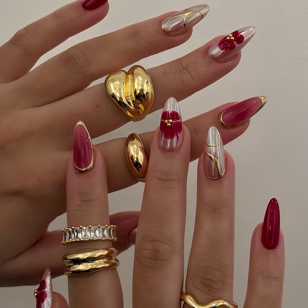 Artistic Press-On Nail Art Set with Floral Accents Bowlift