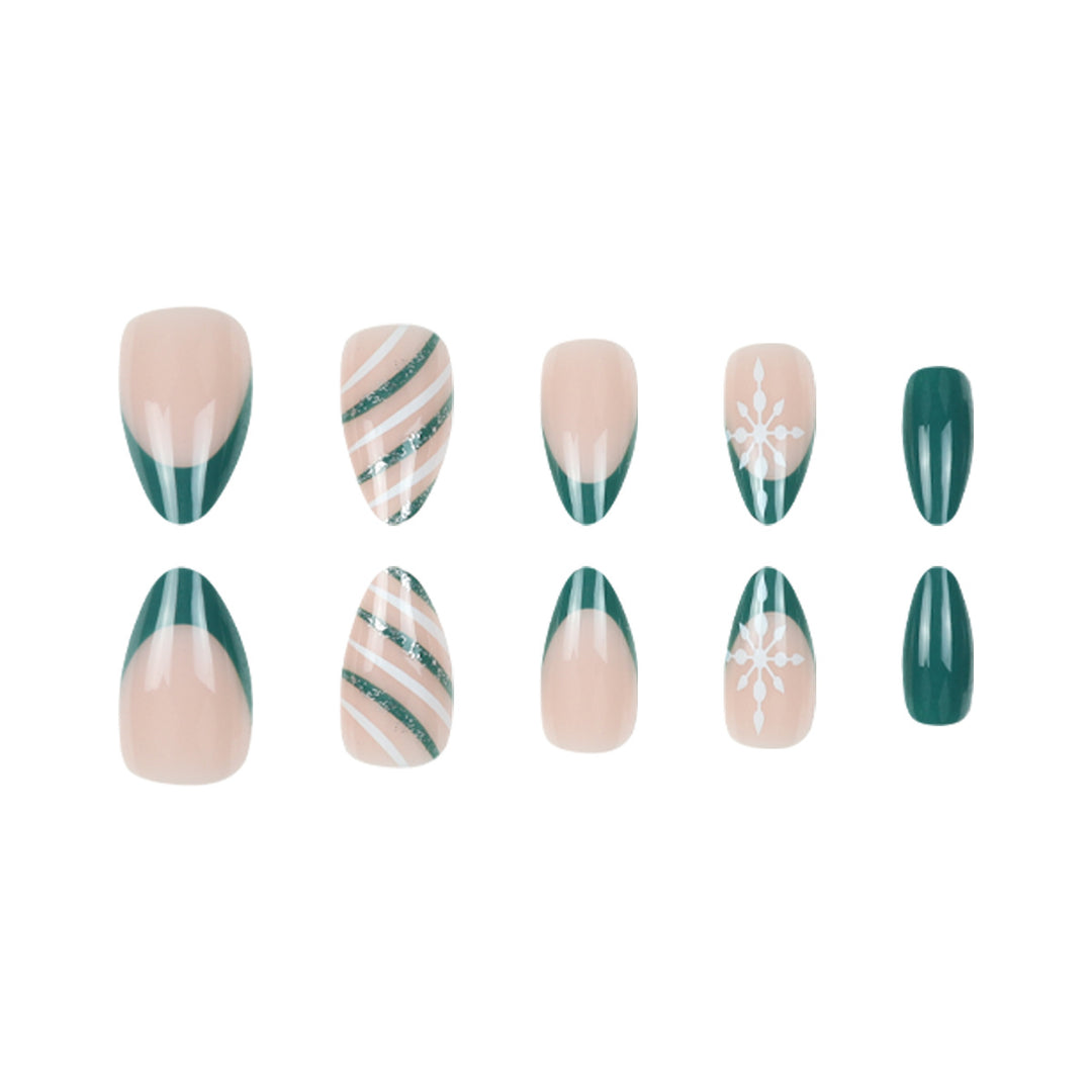 Premium Stiletto Press-On Nail Art Set with Snowflake and Striped Design Bowlift