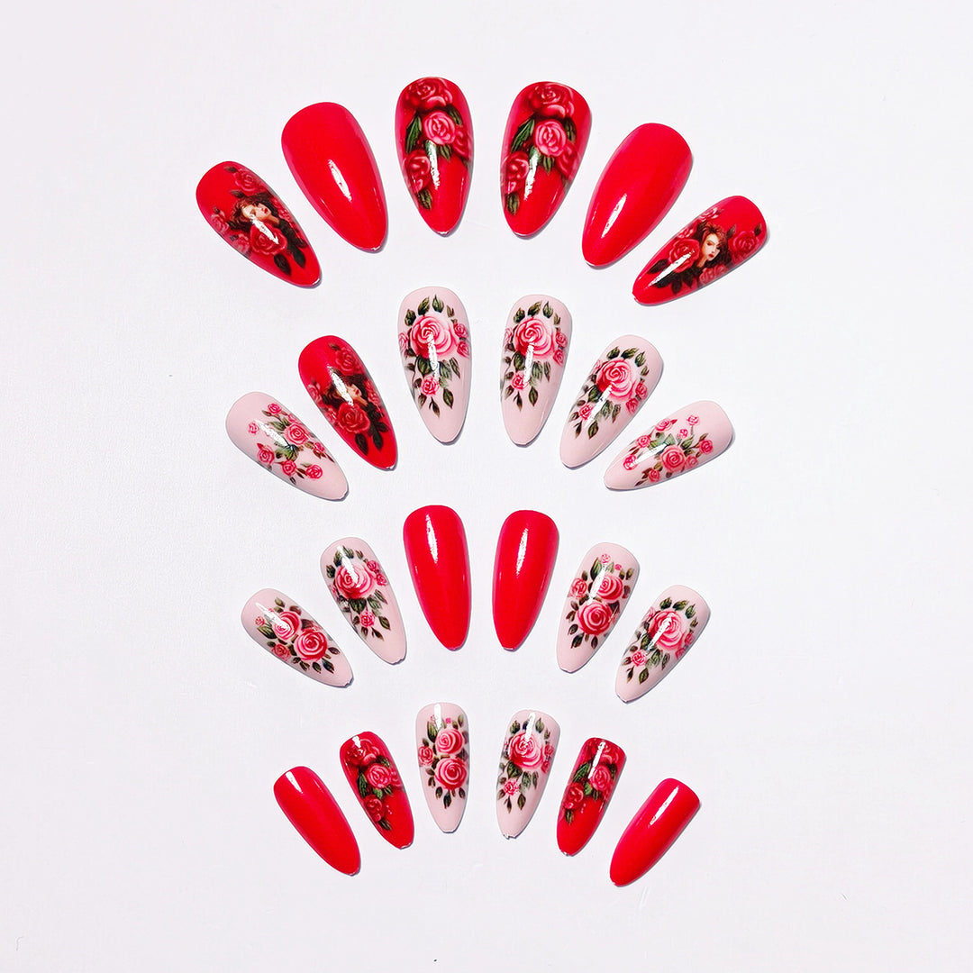 Creative Artificial Nails with Romantic Rose Design Bowlift