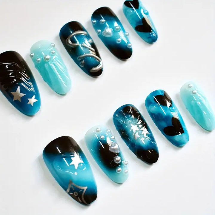 Artistic Ocean-Themed Press-On Nail Art Bowlift