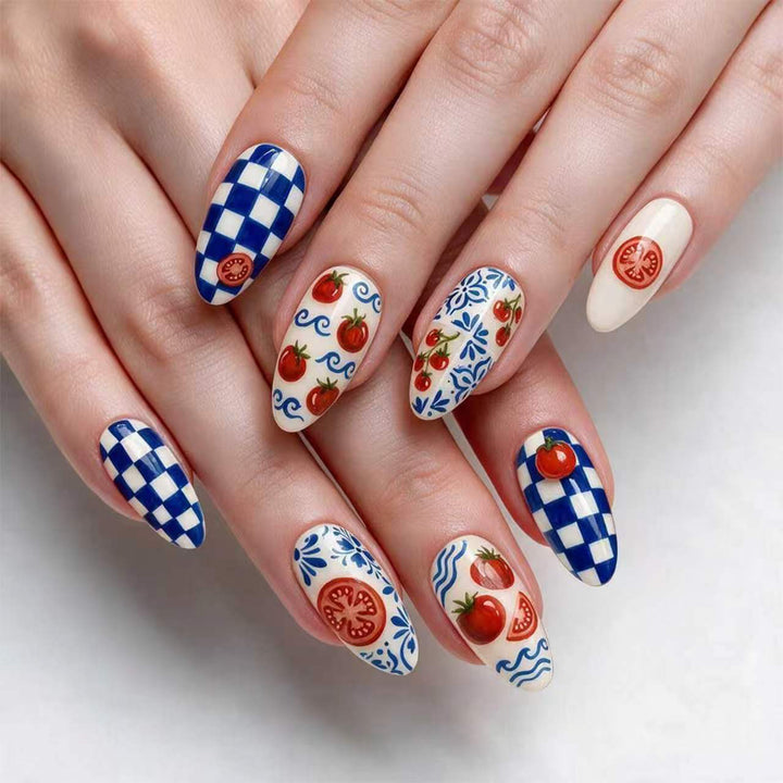 Artistic Stiletto Nails with Cheerful Tomato Design Bowlift