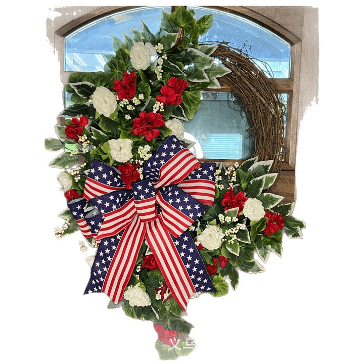 Unisex nan patriotic Americana grapevine front door wreath with oversized star-spangled bow and realistic silk floral accents Bowlift