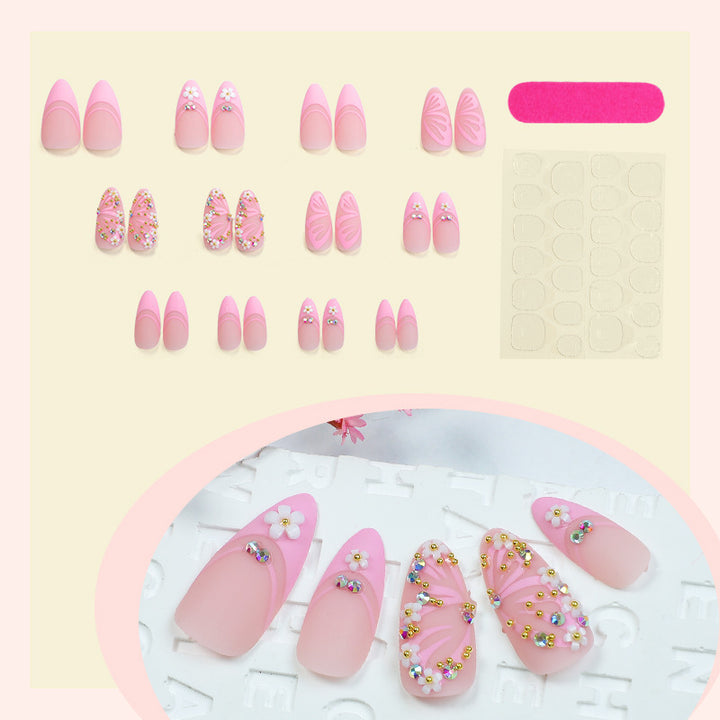 Decorative Press-On Nail Art Set with Gemstone and Floral Accents Bowlift