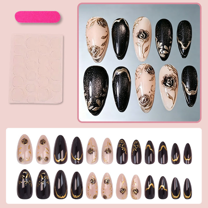 Nail set with elegant gold embellishments and original patterns Bowlift