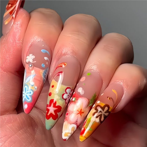 Artistic Floral Stiletto Press-On Nails Bowlift