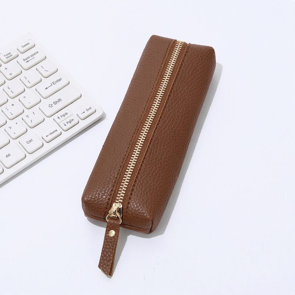 Genuine Pebbled Leather Slim Pen Case with Gold Zipper Bowlift