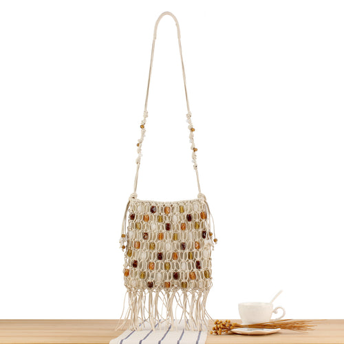 Hand-knotted shoulder bag with decorative beads and fringes Bowlift