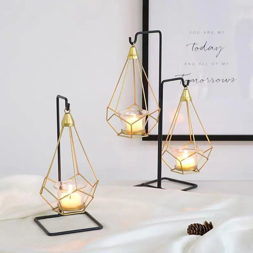 Decorative Geometric Hanging Tealight Candle Holder Set with Metal Stands and Glass Votives Bowlift