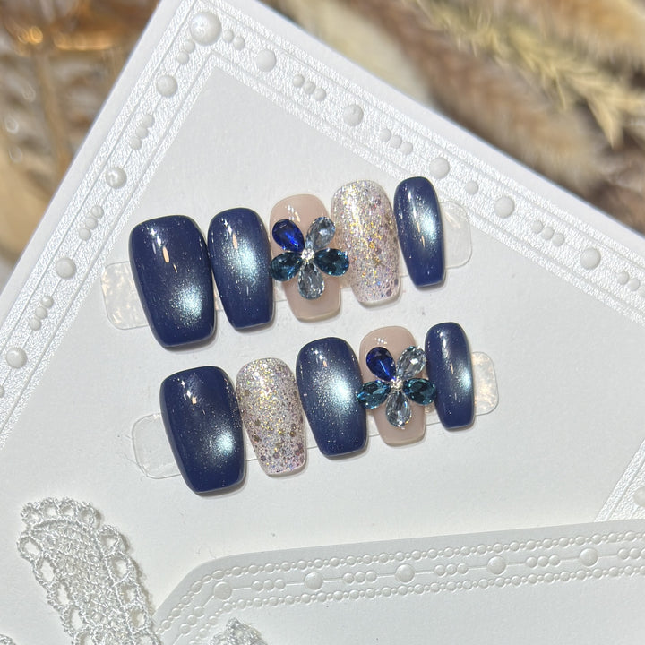 Elegant Floral Press-On Nail Set with Gemstone Accents Bowlift