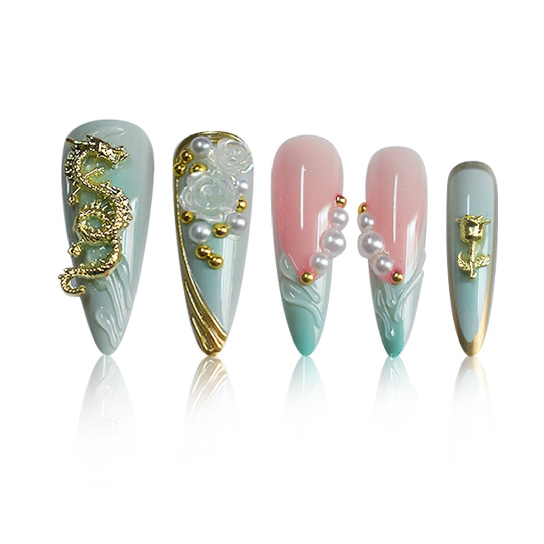 Luxurious Rhinestone and Floral Press-On Nail Art Bowlift