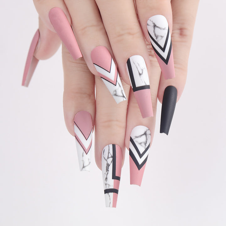 Artistic Long Stiletto Press-On Nails Set with Geometric Patterns Bowlift
