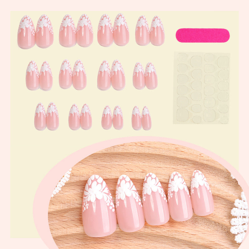 Artificial nail set with delicate floral decorations and translucent finish Bowlift
