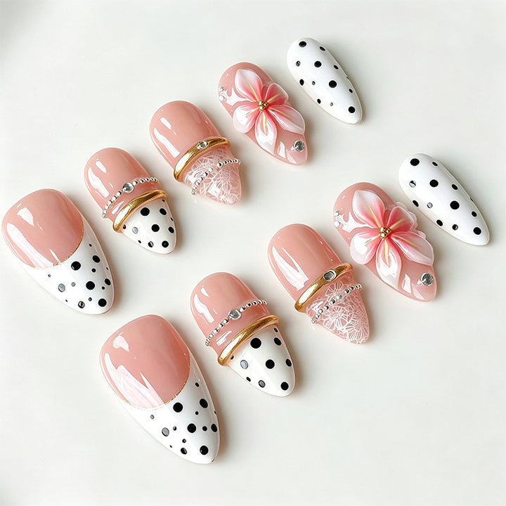 Artificial nail set with elegant flower and dot patterns Bowlift