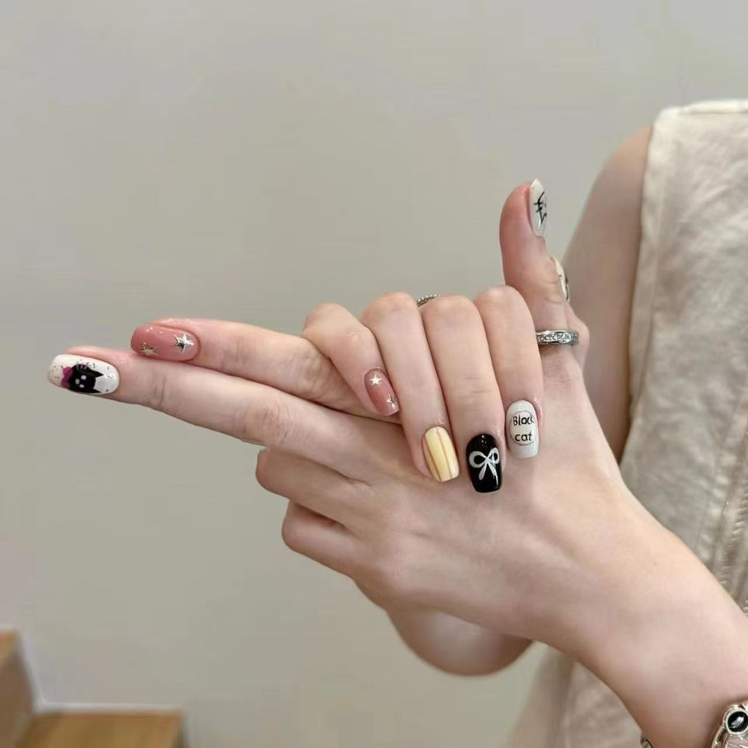 Playful Cat-Themed Press-On Nail Set Bowlift