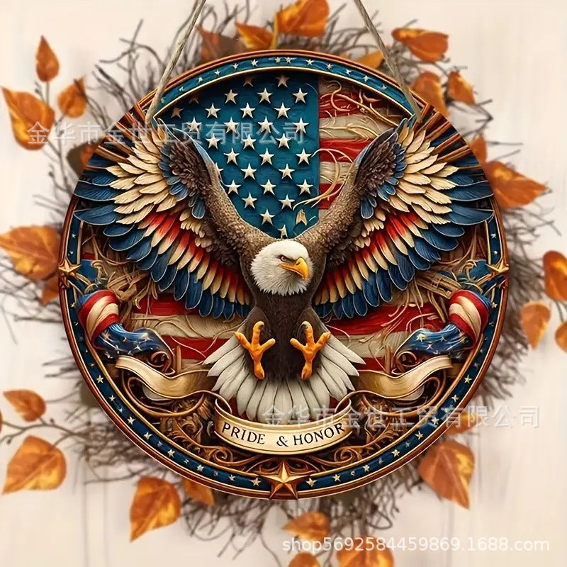Independence Day rustic round wooden patriotic cross wall plaque with floral accents and God Bless America banner Bowlift