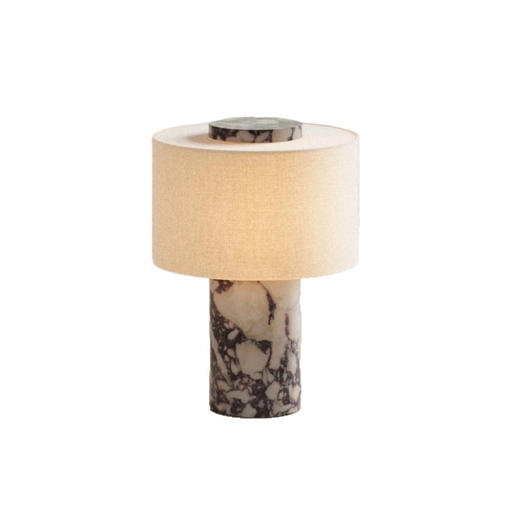 Sculpted natural stone table lamp with fabric drum shade and dimmer Bowlift