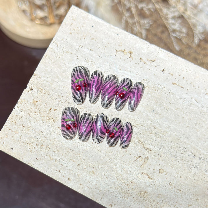 Artistic Press-On Nail Set with Zebra and Cherry Design