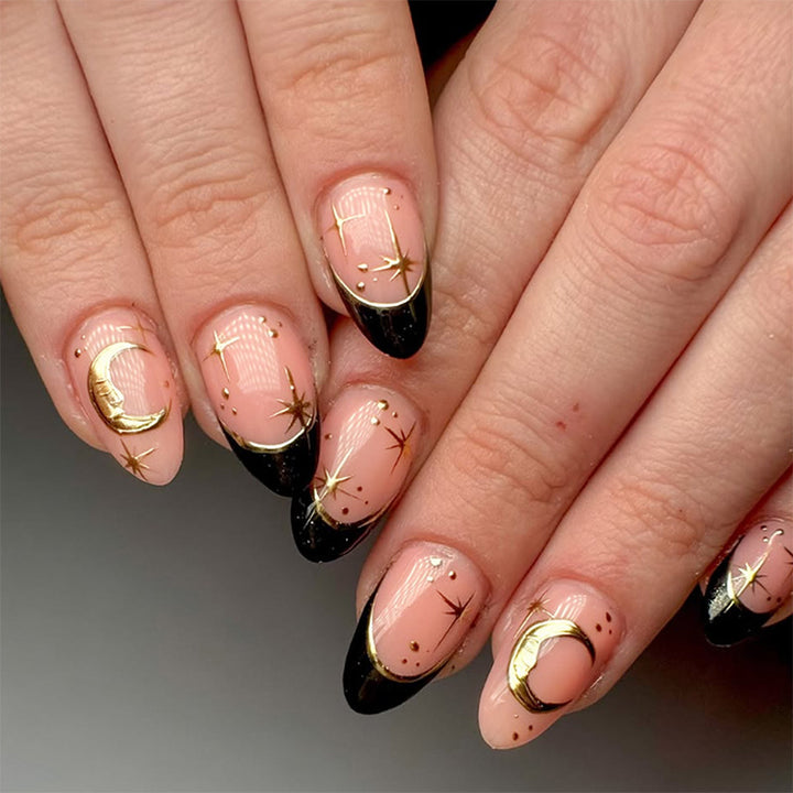 Nail extension set with elegant black-pink design and shiny accents Bowlift