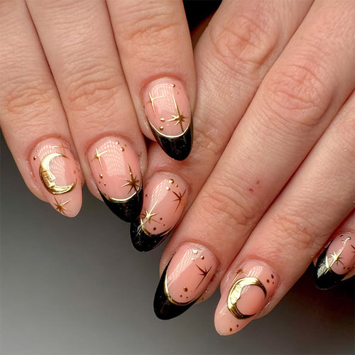 Nail extension set with elegant black-pink design and shiny accents Bowlift