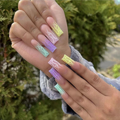 Artistic Long Acrylic Nail Extensions with Flame Design Bowlift