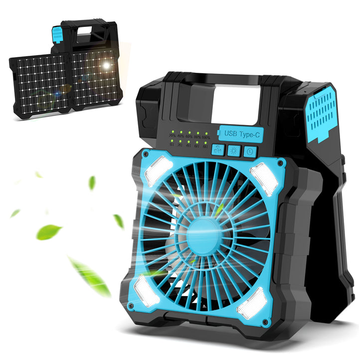 Cooling portable solar camping fan with USB-C power bank and integrated LED work light Bowlift