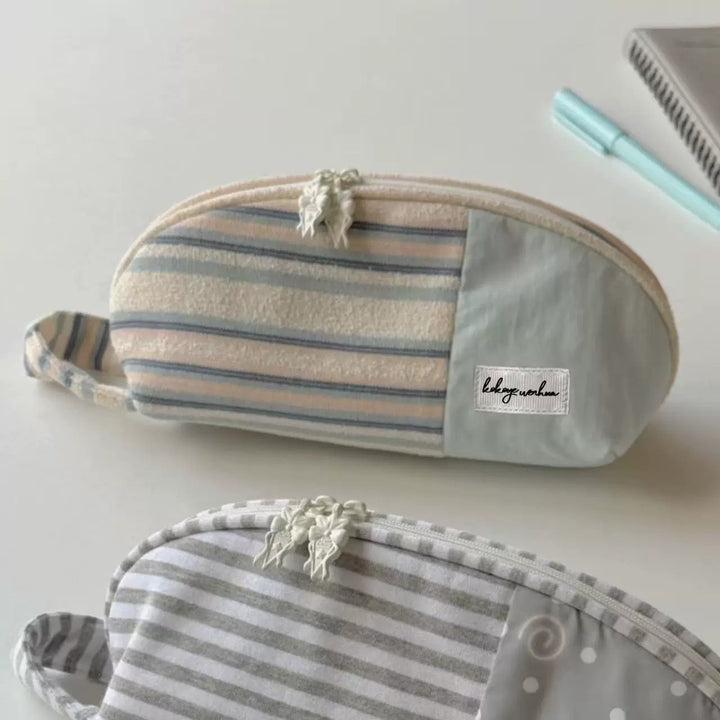 Striped Cotton Cosmetic and Pencil Pouch with Wrist Strap Bowlift