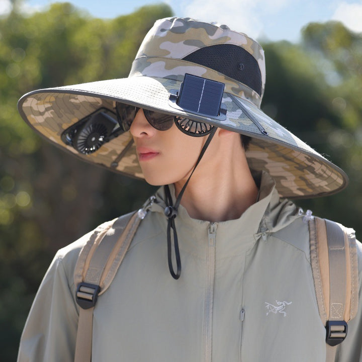 Wide-brimmed outdoor sun hat with solar-powered micro fan, breathable mesh and adjustable chin strap Bowlift
