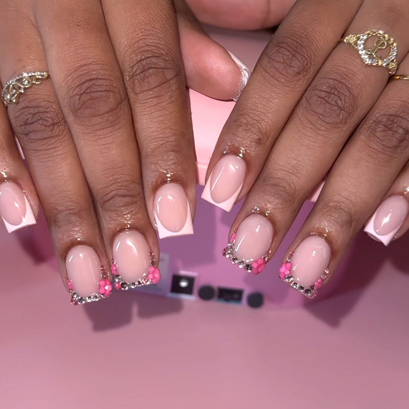 Decorative Rhinestone French Tip Press-On Nails Bowlift