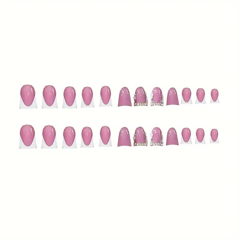 Elegant French Tip Press-On Nail Art with Rhinestone Accents Bowlift