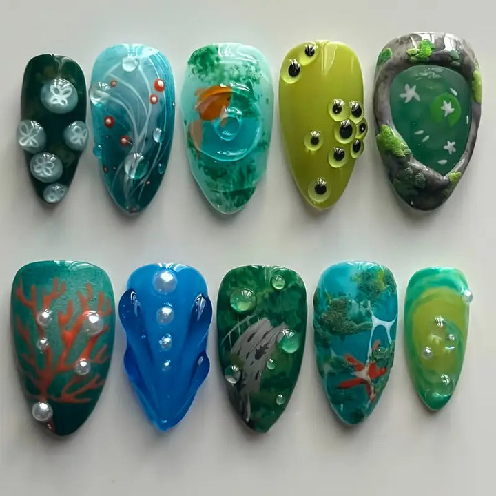 Artistic Marine-Inspired Press-On Nail Art Bowlift