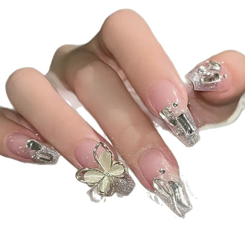 Glamorous Press-On Nail Set with Floral and Glitter Accents Bowlift