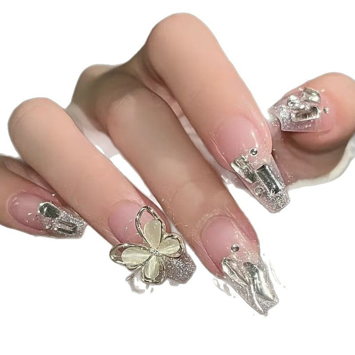 Glamorous Press-On Nail Set with Floral and Glitter Accents Bowlift