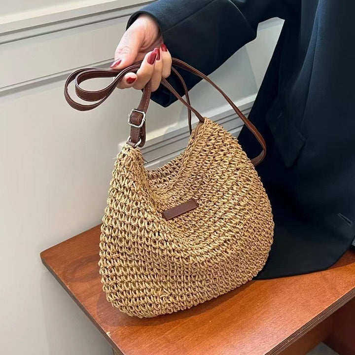 Handwoven shoulder bag with brown leather accent Bowlift