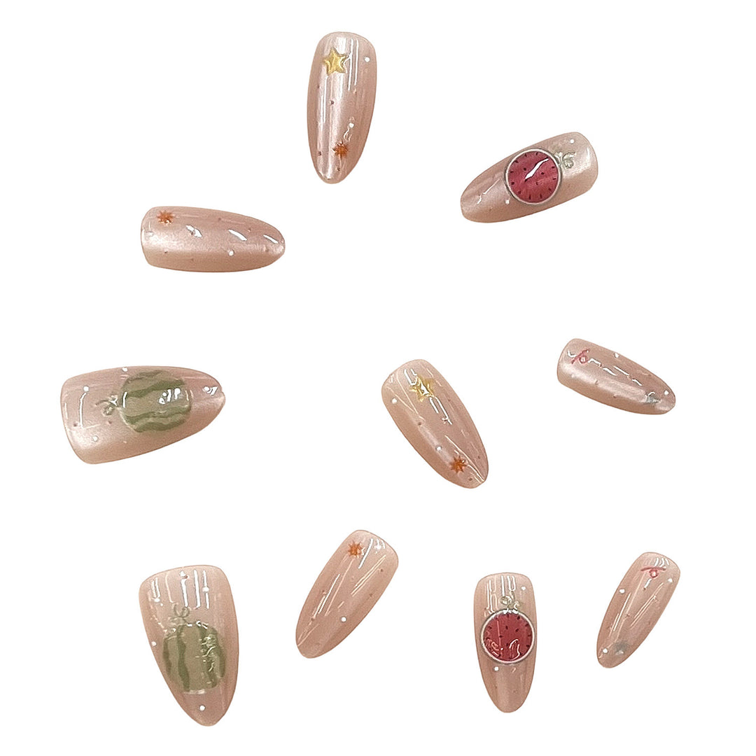 Artistic Press-On Nail Set with Elegant Fruit Designs Bowlift