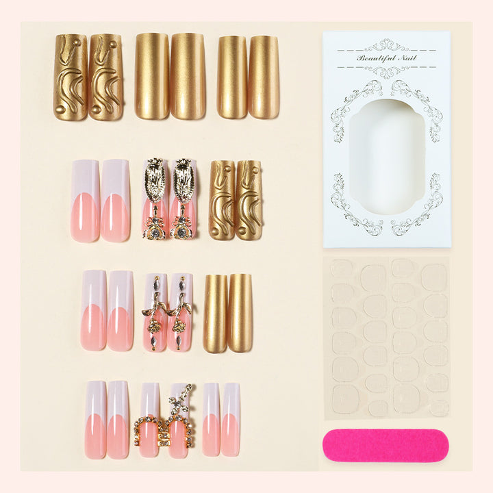 Decorative Press-On Nail Set with Stylish Gold Accents Bowlift