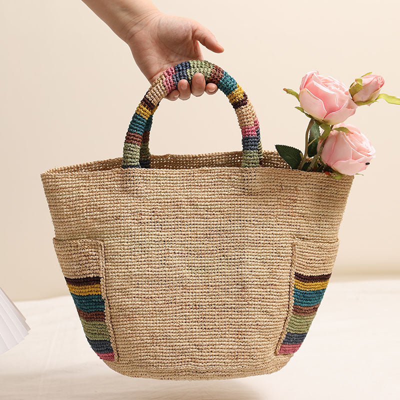 Handcrafted basket bag with colorful stripe accents Bowlift