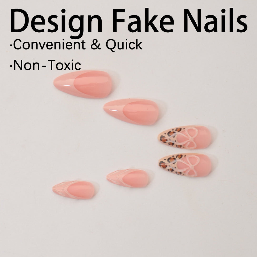 Acrylic Nail Set with Creative Leopard and Bow Accents Bowlift