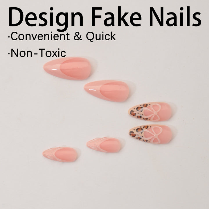 Acrylic Nail Set with Creative Leopard and Bow Accents Bowlift