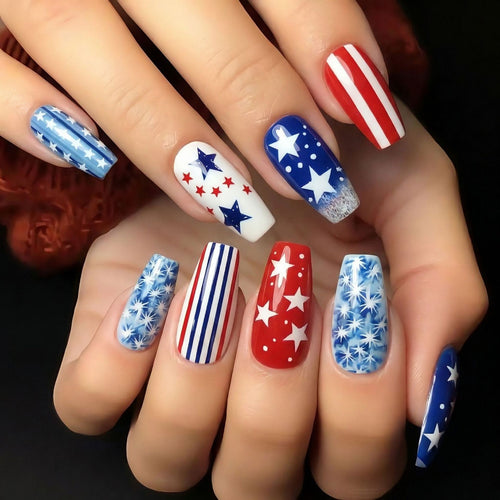 Artificial nails with patriotic star and stripe design Bowlift