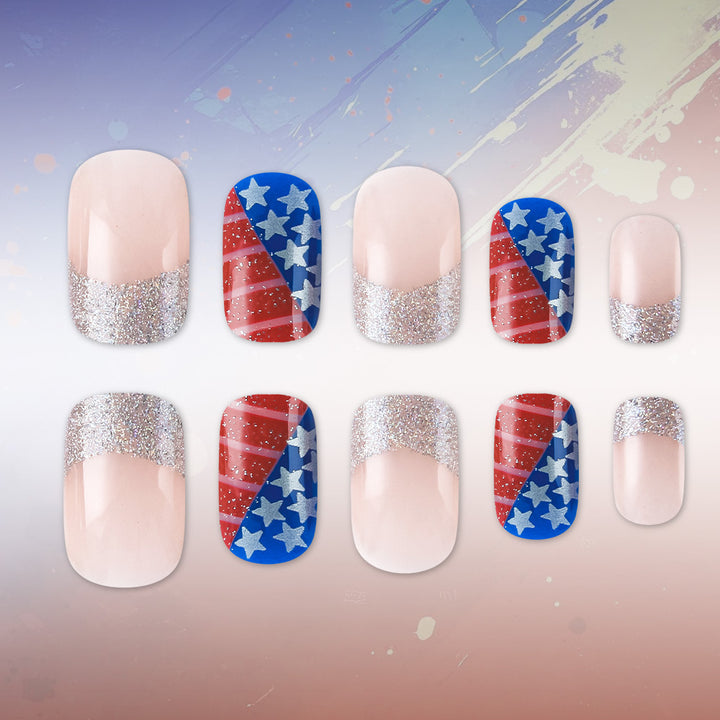 Women's nan patriotic flag patterned press-on nail set with glitter French tips Bowlift
