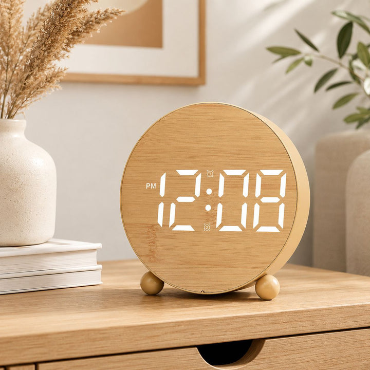 Digital Alarm Clock in Modern Wooden Design Bowlift