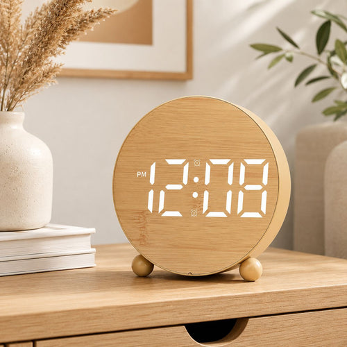 Digital Alarm Clock in Modern Wooden Design Bowlift