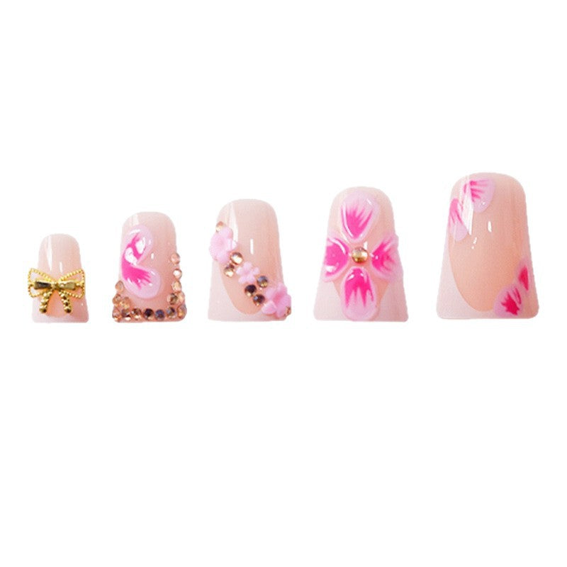 Elegant Floral Press-On Nail Art with Gem Accents Bowlift
